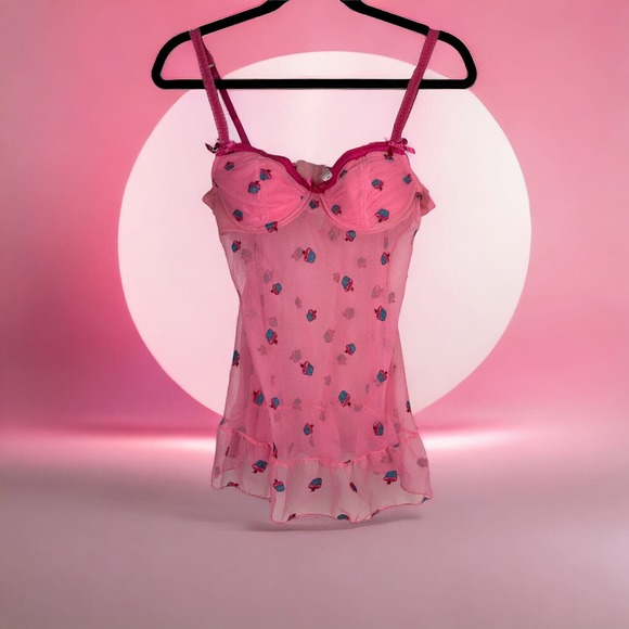 Victoria's Secret Other - Victoria’s Secret Lingerie Chemise Pink Cupcakes Sheer Babydoll 34B Valentine